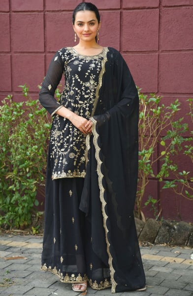 Black Sequins Embroidered Faux Georgette Palazzo Kameez
