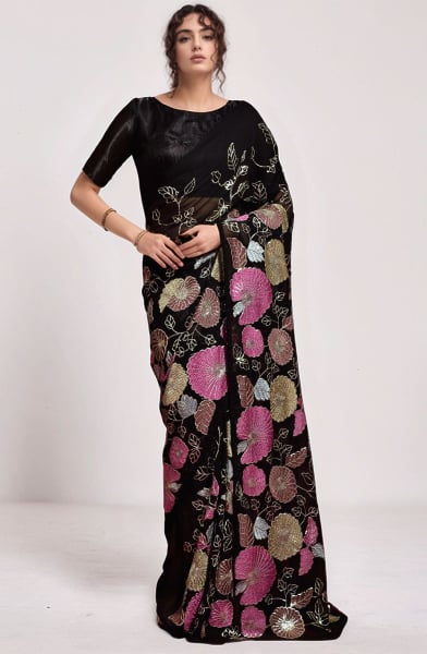 Black Sequins Embroidered Georgette Saree