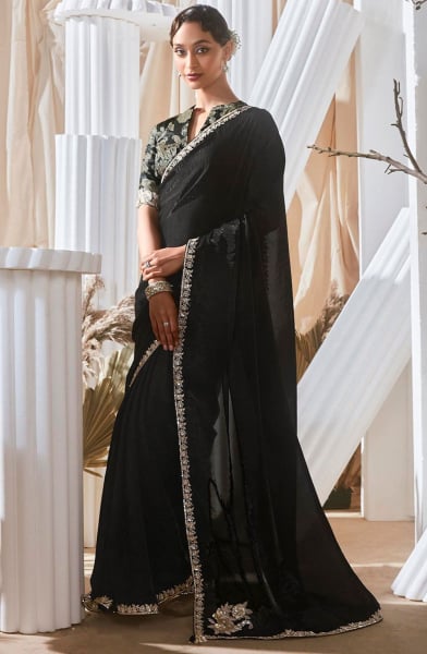 Black Sequins Embroidered Tissue Organza Saree