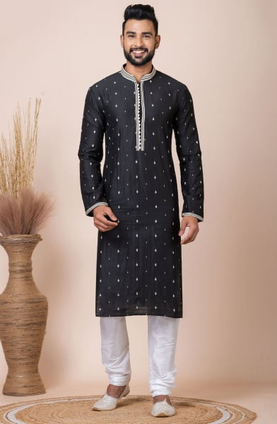 Black Silk Butti Kurta Set