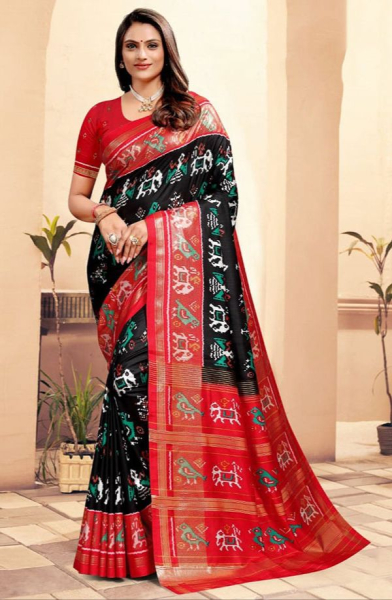 Black Silk Saree with Kalamkari Print