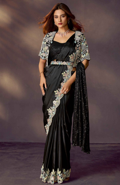Black Soft Satin Silk Designer Ready to Wear Saree