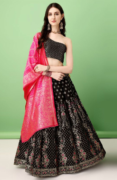 Black Soft Silk Jacquard Lehenga Choli