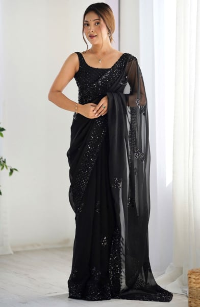 Black Thread Embroidered Georgette Saree