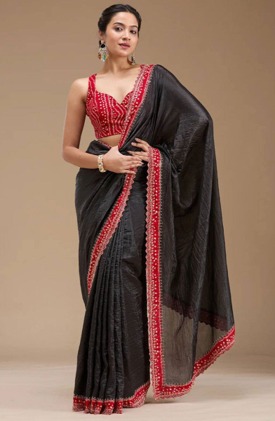 Black Tissue Crush Saree for Ceremonial