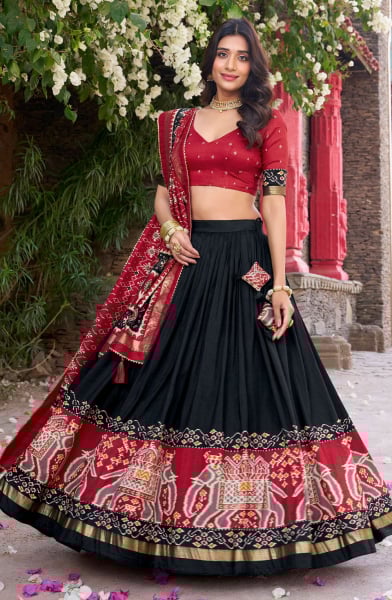 Black Tussar Silk Patola Printed Lehenga Choli Set