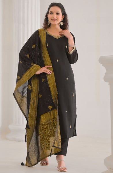Black Viscose Chanderi Readymade Pant Kameez
