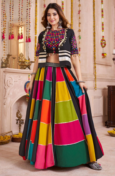 Black Viscose Cotton Chaniya Choli with Jacket for Festival