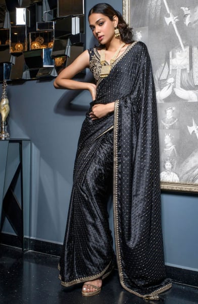 Black Viscose Satin Saree with Embroidered Blouse