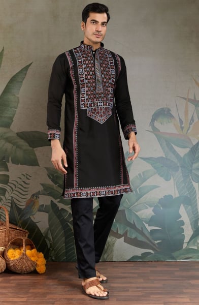 Black Viscose Silk Embroidered Kurta for Festival