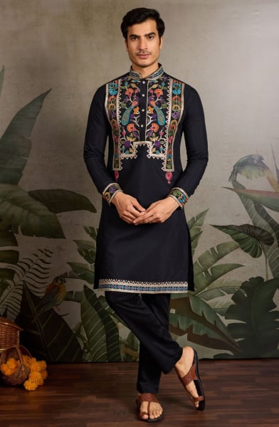 Black Viscose Silk Embroidered Kurta for Festival
