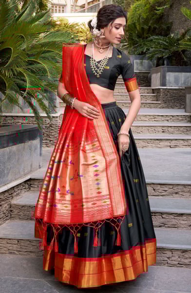 Black Woven Jacquard Silk Lehenga Choli