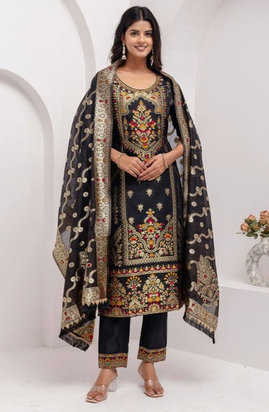 Black Woven Jacquard Silk Readymade Suit