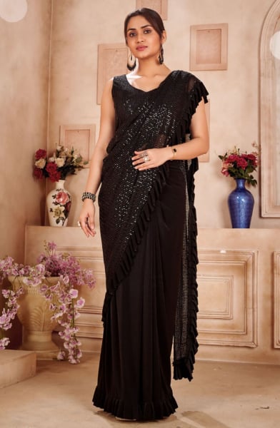 Black Zara Sequins work Party Wear Saree