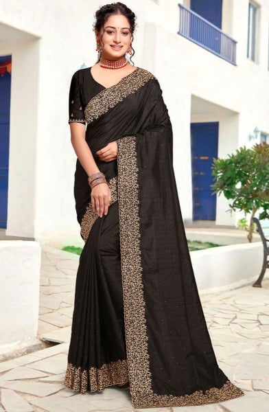 Black Zari Embroidered Art Silk Saree