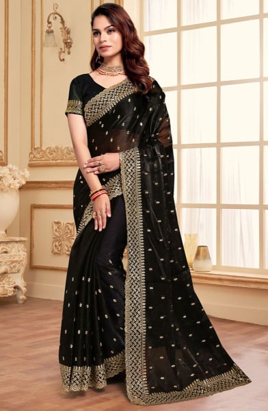 Black Zari Embroidered Burberry Silk Saree