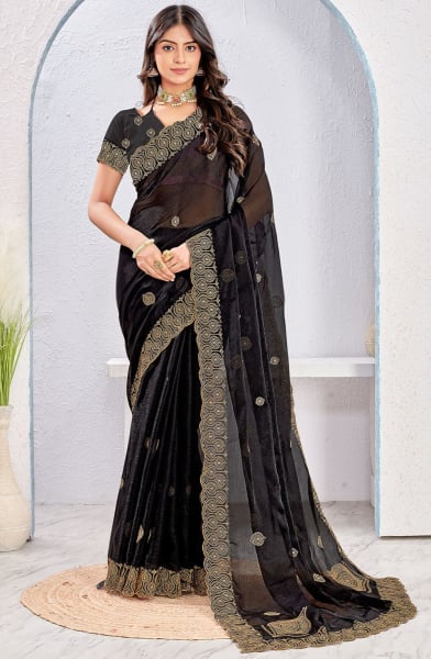 Black Zari Embroidered Fendi Silk Saree