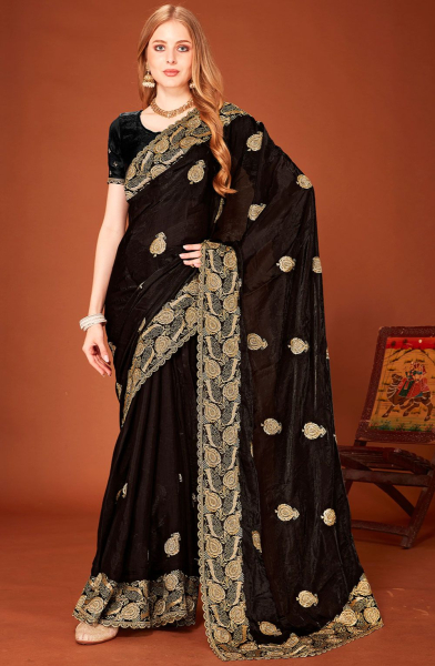 Black Zari Embroidered Fendi Silk Saree