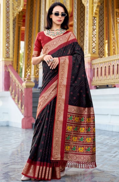 Black Zari Woven Tussar Handloom Silk Saree