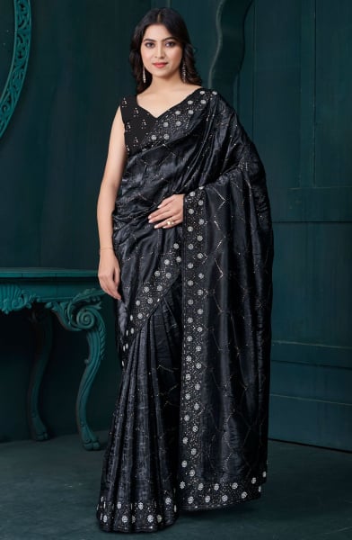 Black Zarkan Embellished Crepe Silk Saree