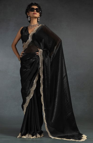 Black Zarkan Embellished Satin Silk Saree