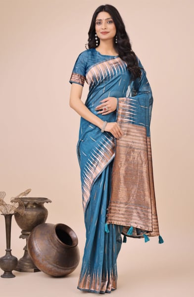 Blue Linen Cotton Printed Saree