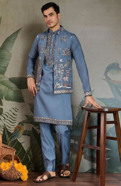 Bluish Grey Viscose Silk Kurta Pyjama Set with Jacket