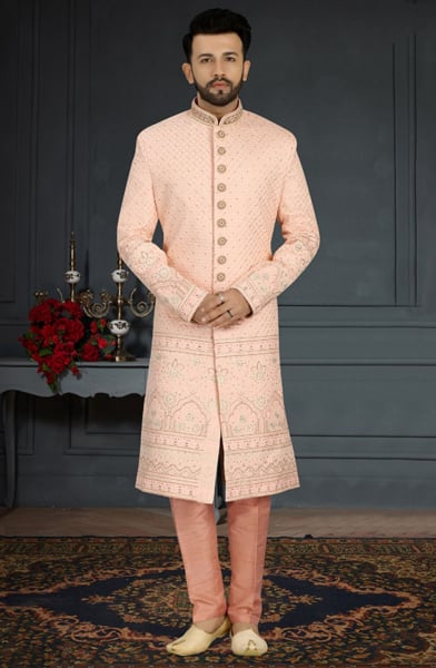 Blush Peach Designer Jacquard Silk Sherwani