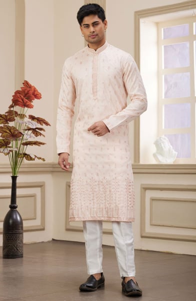 Blush Peach Embroidered Art Silk Kurta Set