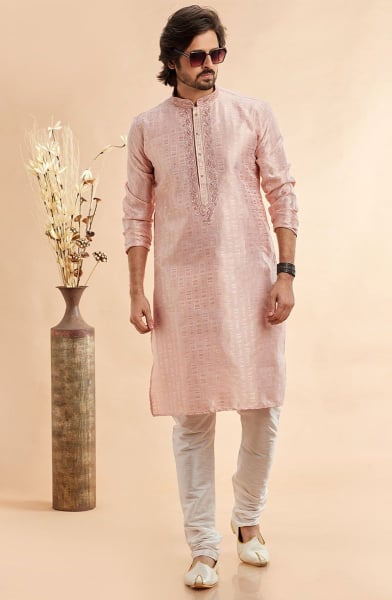 Blush Peach Embroidered Jacquard Art Silk Kurta Set