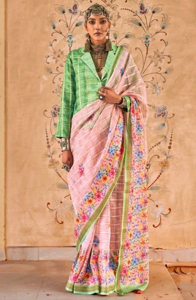 Blush Peach Floral Print Linen Kora Saree