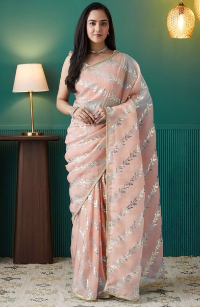 Blush Peach Foil Print Organza Ready to Wear Saree