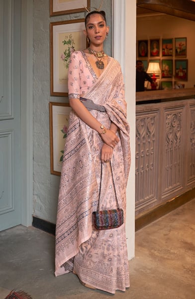 Blush Peach Kashmiri Modal Handloom Weaving Saree