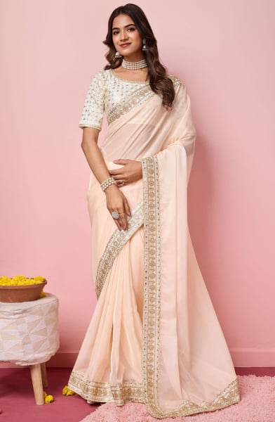Blush Peach Organza Saree with Embroidered Blouse