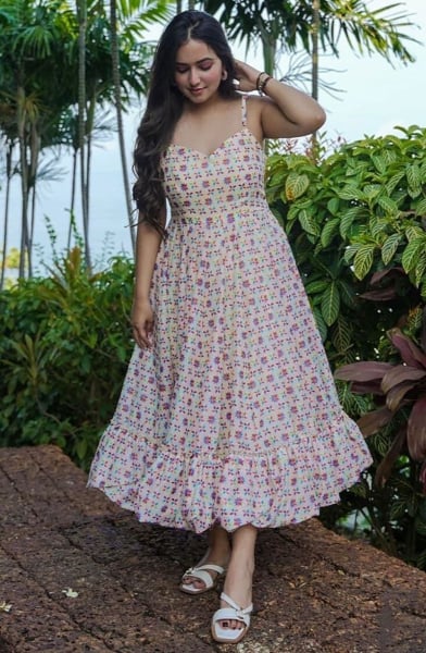 Blush Peach Printed Rayon Plus Size Frock