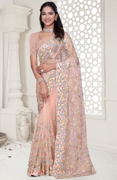 Blush Peach Resham Embroidered Net Saree