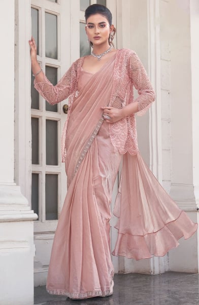 Blush Peach Satin Silk Ready to Wear Saree with Jacket