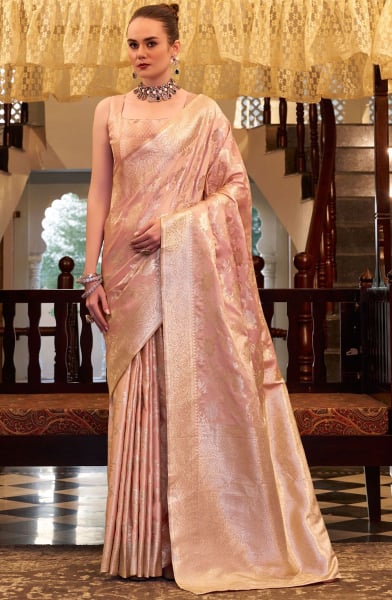 Blush Peach Zari Woven Satin Silk Saree
