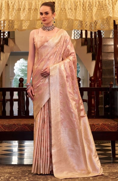 Blush Peach Zari Woven Satin Silk Saree