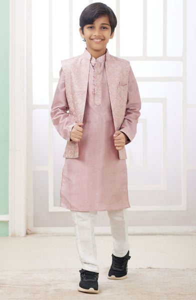 Blush Pink Art Silk Kids Kurta Set with Jacket
