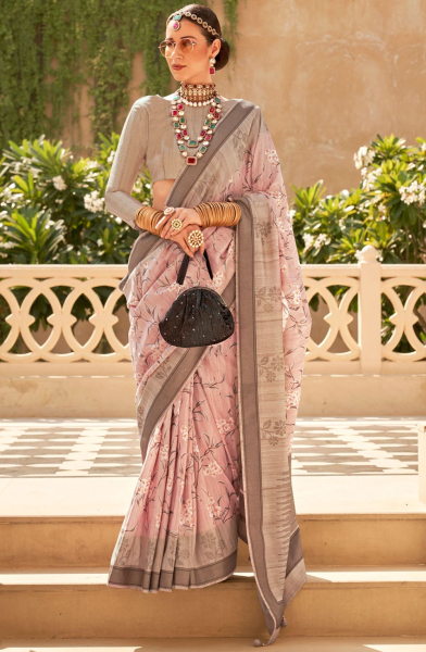Blush Pink Bengal Design Raw Silk Saree