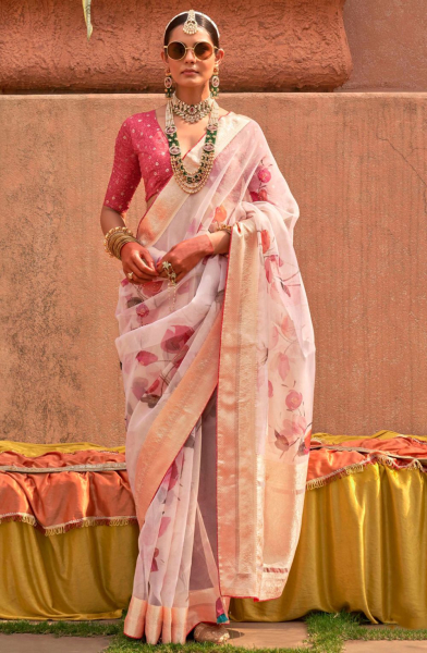 Blush Pink Embellished Floral Print Organza Silk Saree