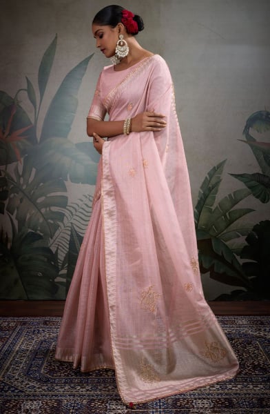 Blush Pink Embellished Linen Tissue Saree