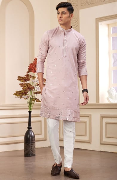 Blush Pink Embroidered Art Silk Kurta Set