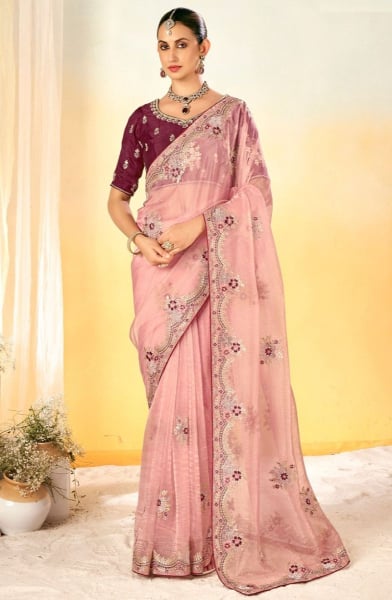 Blush Pink Embroidered Designer Saree for Wedding