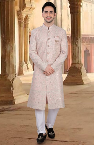 Blush Pink Embroidered Georgette Designer Sherwani