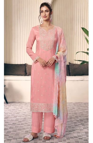 Blush Pink Embroidered Moonga Silk Pant Kameez