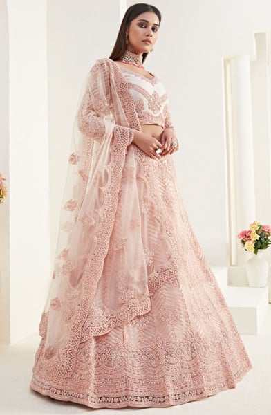 Blush Pink Embroidered Net Bridal Lehenga Choli for Wedding