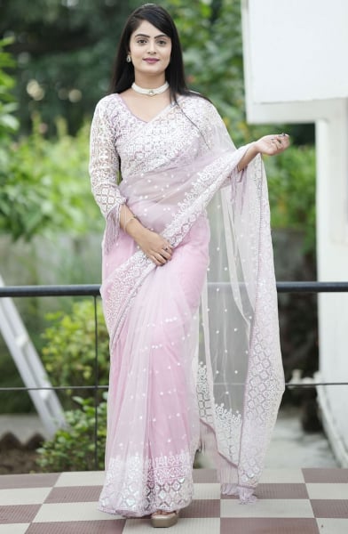 Blush Pink Embroidered Party Wear Saree