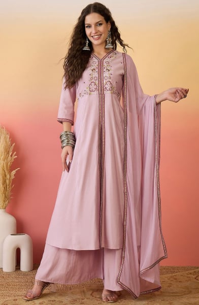 Blush Pink Embroidered Roman Silk Palazzo Kameez
